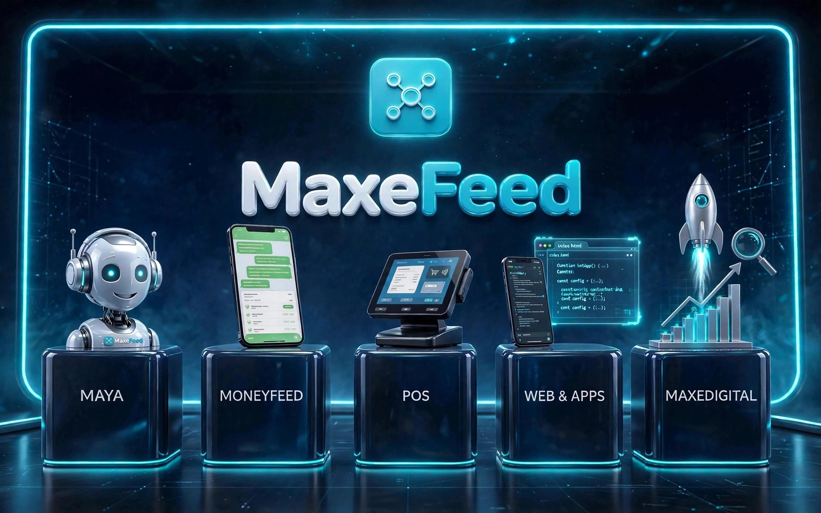 MaxeFeed products — Maya, MoneyFeed, POS, Web & Apps and MaxeDigital